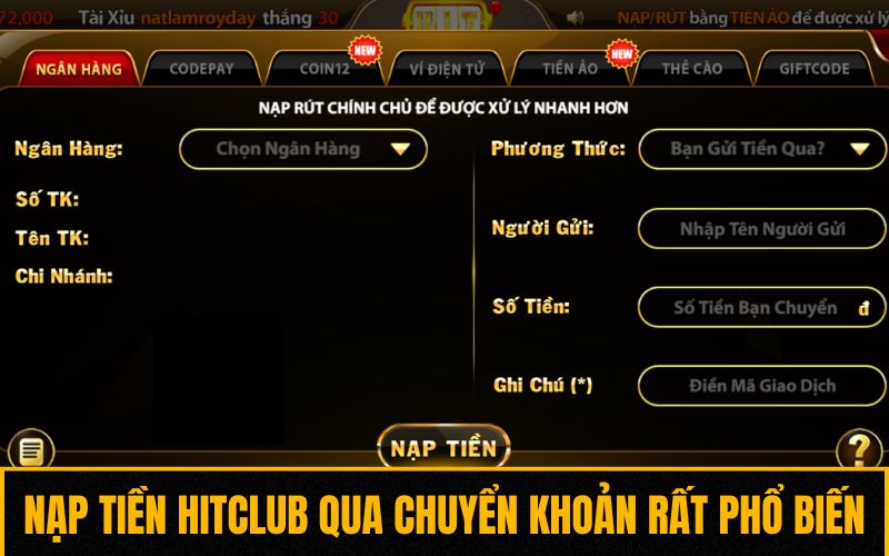 Cách nạp tiền Hitclub qua chuyển khoản rất phổ biến